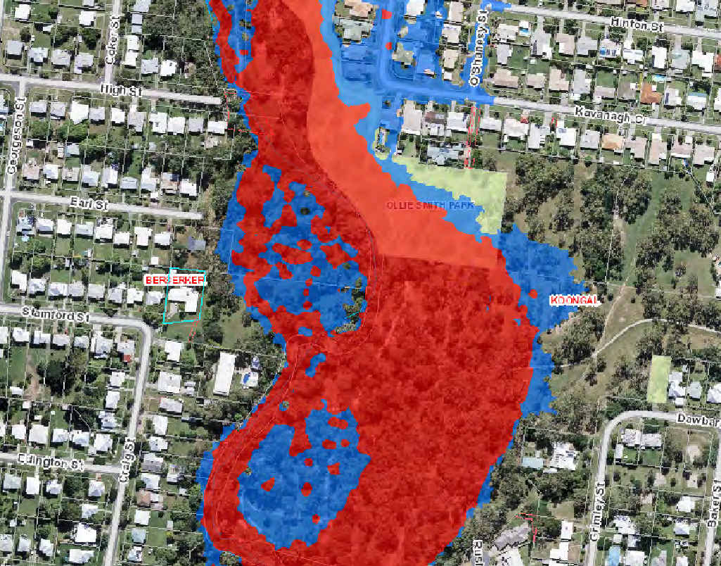 HIGH AND DRY: Rockhampton Regional Council flood maps show Susanne Young’s property is not a flood risk, even during a major flood event. Coloured sections on the map show areas of flood risk; the line indicates Susanne Young’s Craig St property. HIGH AND DRY: Rockhampton Regional Council flood maps show Susanne Young’s property is not a flood risk, even during a major flood event. Coloured sections on the map show areas of flood risk; the line indicates Susanne Young’s Craig St property.